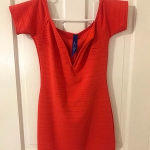 Orange low cut off the shoulder bandage dress